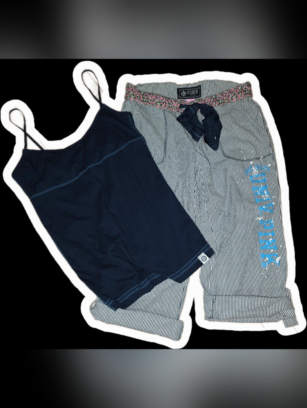 2008 XS VINTAGE PINK Victoria's Secret SEERSUCKER Pants & 2007 Navy Tanktop SET